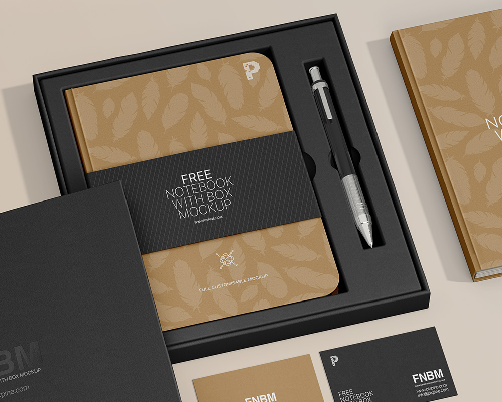 Free Notebook with Box Mockup