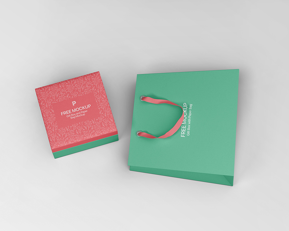 Free Gift Box with Paper Bag Mockup