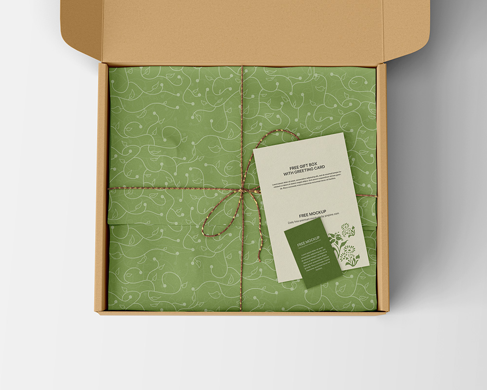 Free Gift Box with Greeting Card Mockup