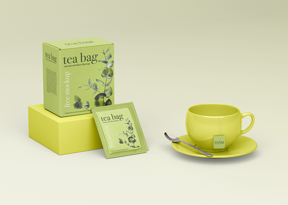 Free Tea Bag Sachet with Box Mockup