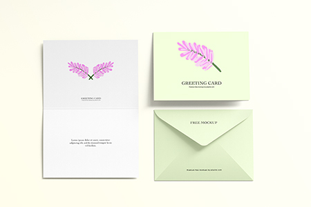 Free Two Fold Greeting Card with Envelope Mockup